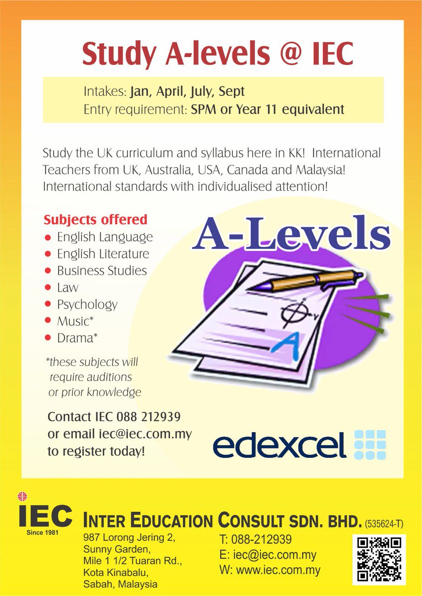 Study A-Levels @ IEC. Contact us for more info.
#iecsabah #alevels #english #edexcel #edcation #kotakinabalu #kkcity #sabah #malaysia
