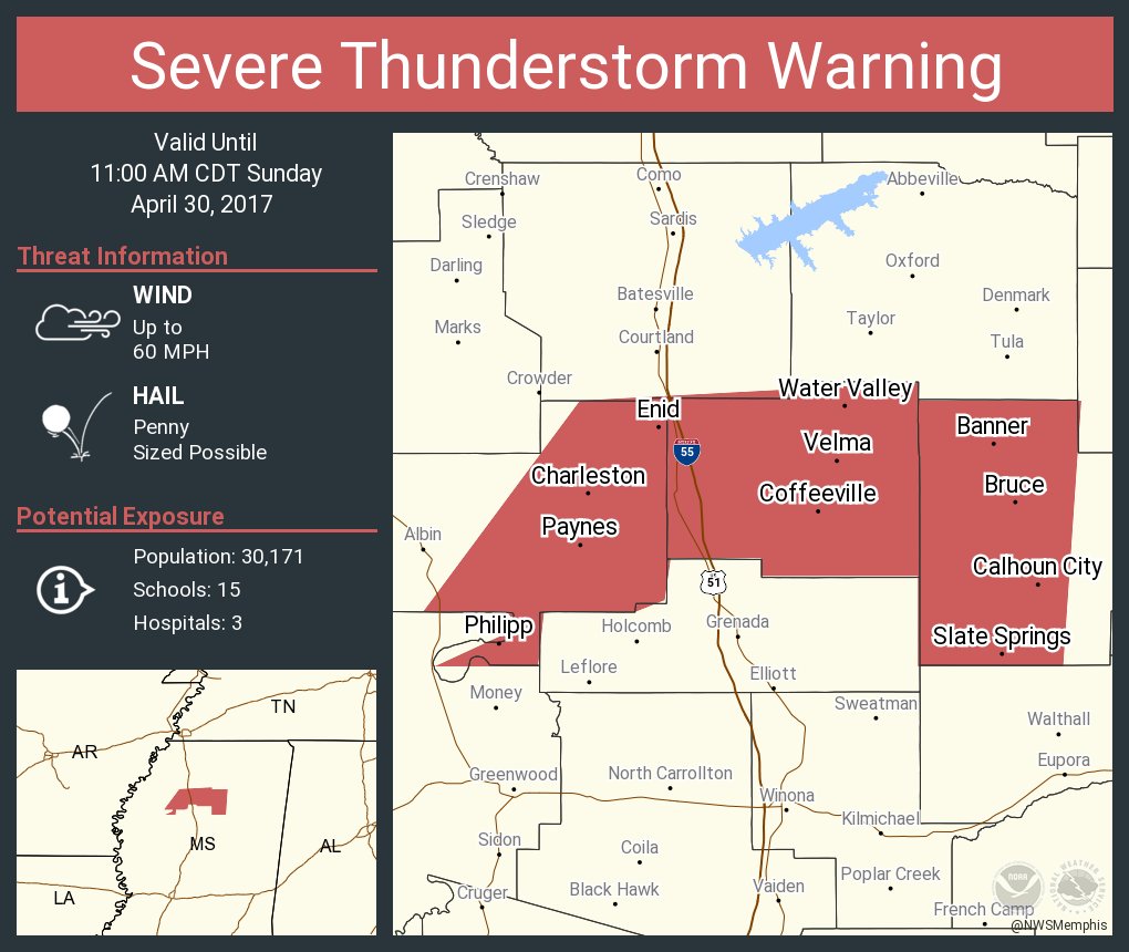 Severe Thunderstorm Warning including Water Valley MS, Charleston MS
