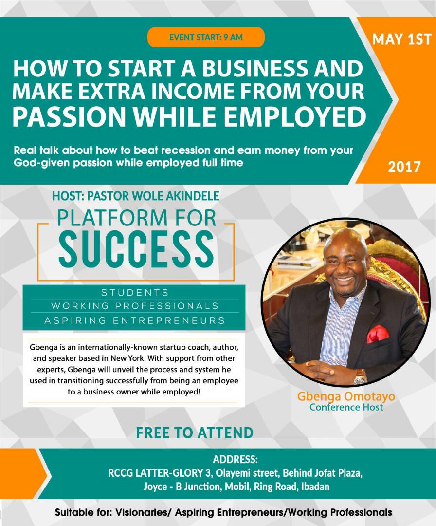abiodunaremung's tweet image. Join us on May 1st to learn entrepreneurship success from Gbenga Omotayo (USA)
#Platformforsuccess