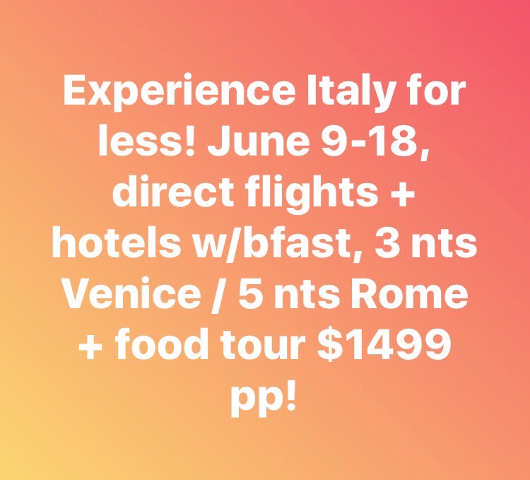 FCDanforth's tweet image. #VacationDeal Italy Package SALE! #Rome and #Venice duo for only $1499pp! Other dates available in June. Pm for details #YYZ #BookIt #Travel
