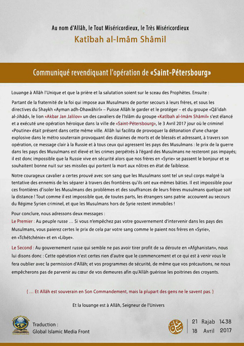 Menastream On Twitter Russie Et Voici La Traduction Francaise Pour L Archive Communique Revendiquant L Operation De Saint Petersbourg Alqaida Https T Co X0cvrou6eq