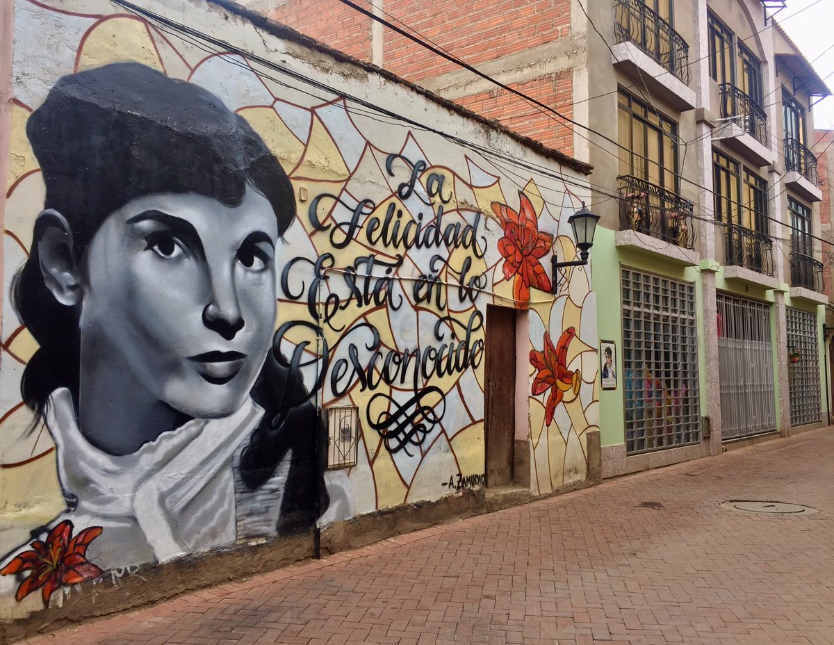 arquitecta's tweet photo. "La felicidad está en lo desconocido" Adela Zamudio, visto en #Cochabamba #StreetArt #Mural #GraffitiTiles https://t.co/gzQ46emCXP
