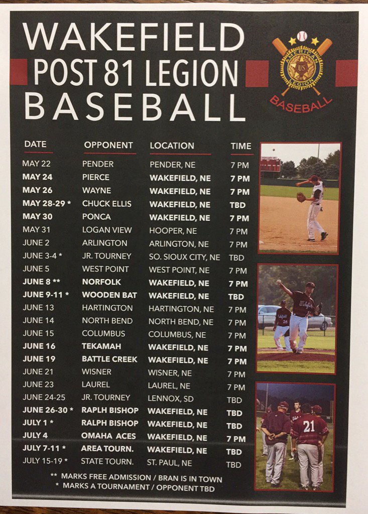 Here is the 2017 Jr. Legion Wakefield, NE baseball schedule. Support the boys. <a href="/NEPrepZone/">Nebraska Prep Zone</a> <a href="/OWHsports/">World-Herald Sports</a> #Post81