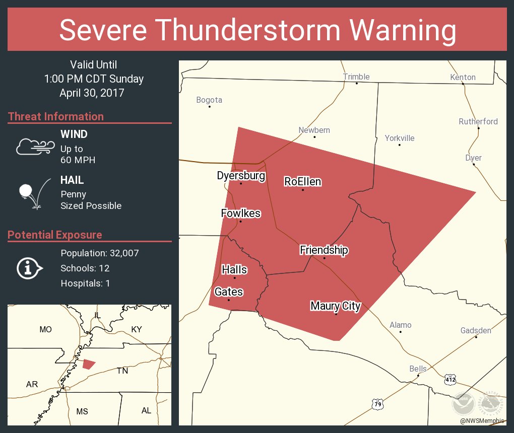 Severe Thunderstorm Warning continues for Dyersburg TN, Halls TN, Maury
