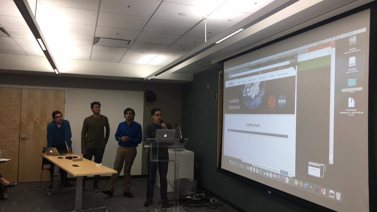 SpaceAppsBoston's tweet photo. Team #LandSafe, a tool that tracks landslides and guides users to correctly respond to the disaster, is up! #PitchTime #SpaceAppsBoston https://t.co/7qZzq3SKwC