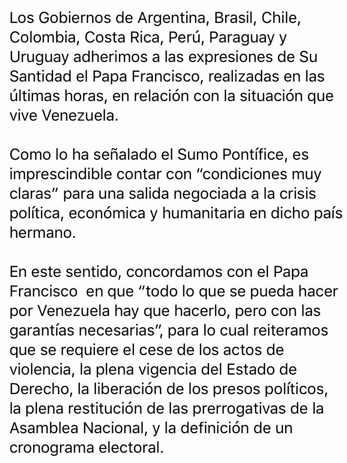SusanaMalcorra's tweet photo. #Venezuela: Gobiernos de Argentina, Brasil, Chile, Colombia, Costa Rica, Perú, Paraguay y Uruguay adherimos a expresiones de @Pontifex_es https://t.co/CGuEUnBLHX