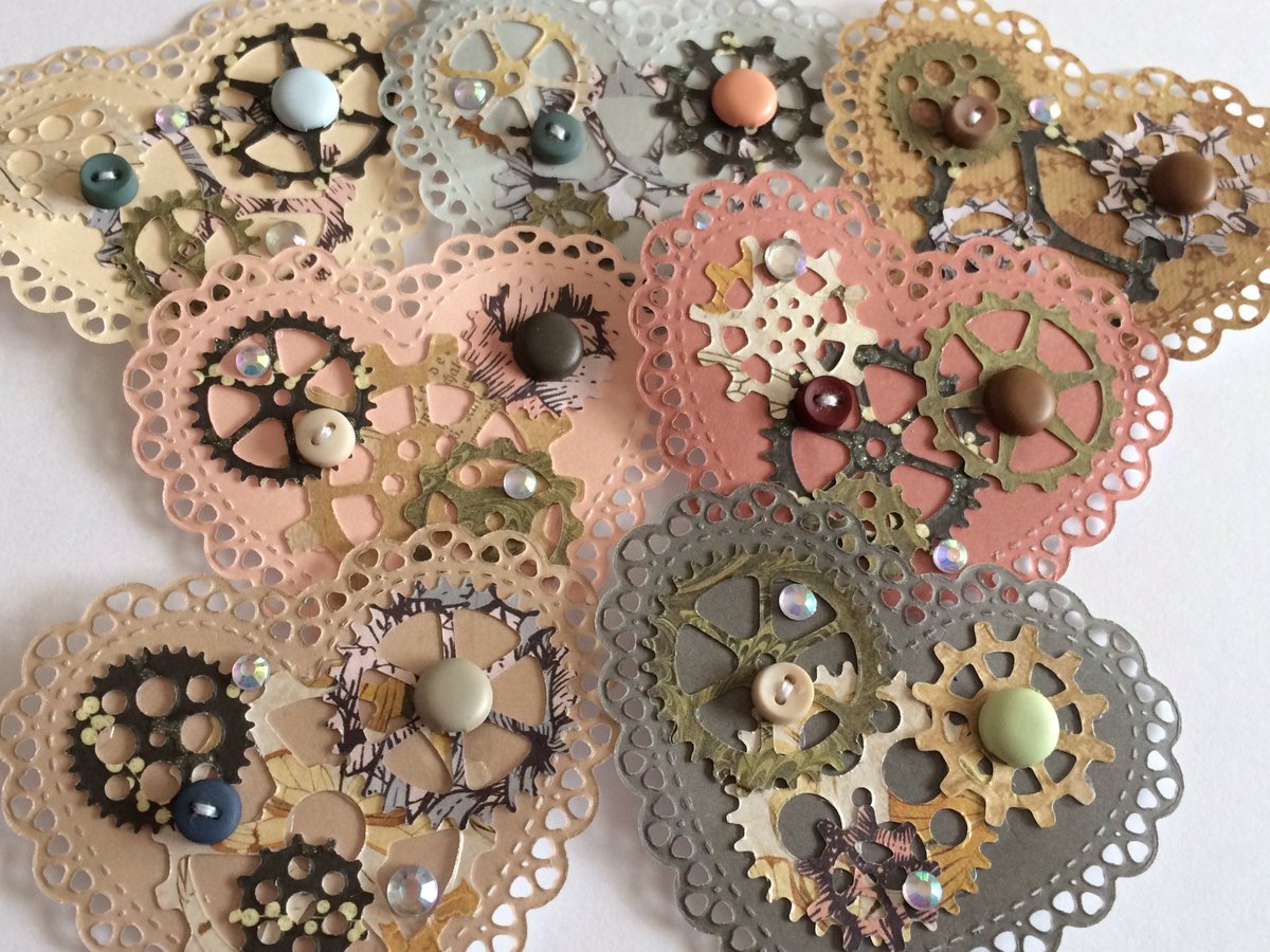 Vintage Steampunk Hearts 
Pastel colours, brads, buttons, gems and many, many gorgeous cogs ❤️ 
Etsy: The Weaselry goo.gl/YfynuE