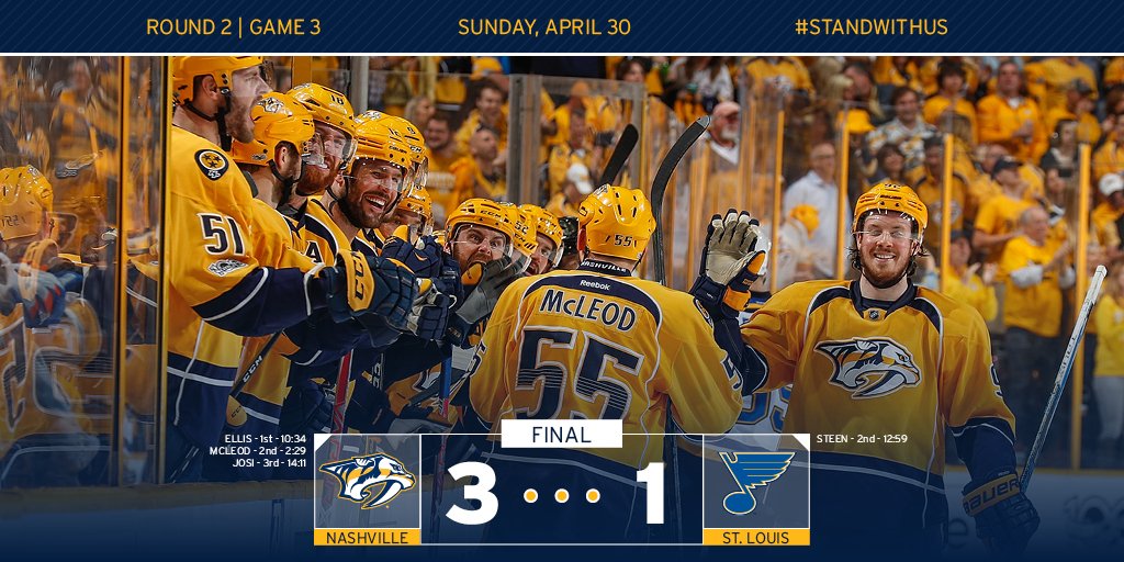 Game Three = OURS! #Preds win 3-1 and take a 2-1 series lead over the St. Louis Blues. Back in #Smashville on Tuesday! #STLvsNSH