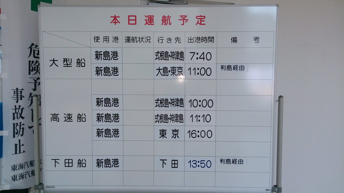 新島観光協会 本日の運航状況 大型船 下田船は通常運航 高速船はゴールデンウィークの増便運航になっておりますので 画像の時刻表をご覧下さい 飛行機は下記にアクセスを T Co Kzr40cyoc0 ゴールデンウィーク序盤 今日は快晴 日曜日まで 新島観光協会 本日の運航状況 大型船 下田船は通常運航 高速船はゴールデンウィークの増便運航になっておりますので 画像の時刻表をご覧下さい 飛行機は下記にアクセスを T Co Kzr40cyoc0 ゴールデンウィーク序盤 今日は快晴 日曜日まで