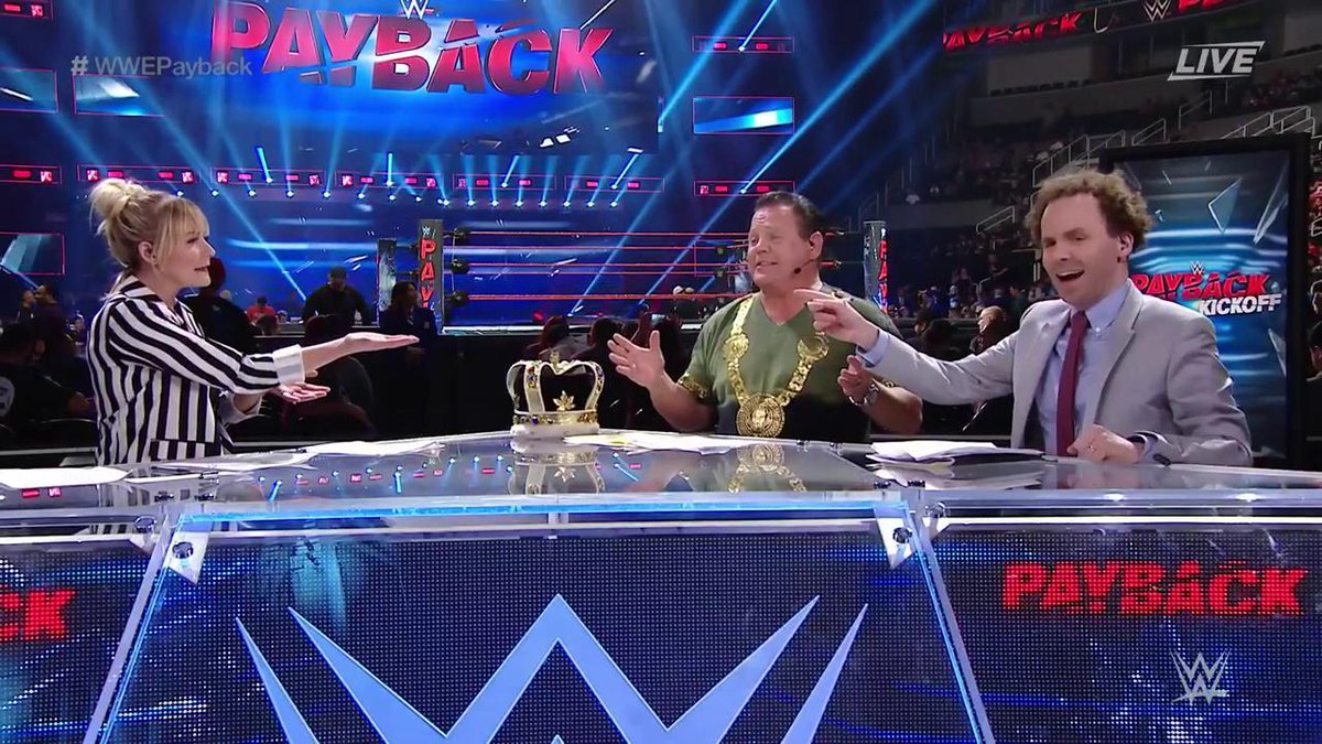 WWEUniverse's tweet photo. Your #WWEPayback Kickoff panel is ready to go! @ReneeYoungWWE @JerryLawler @notsam https://t.co/N6CZunr5Aq