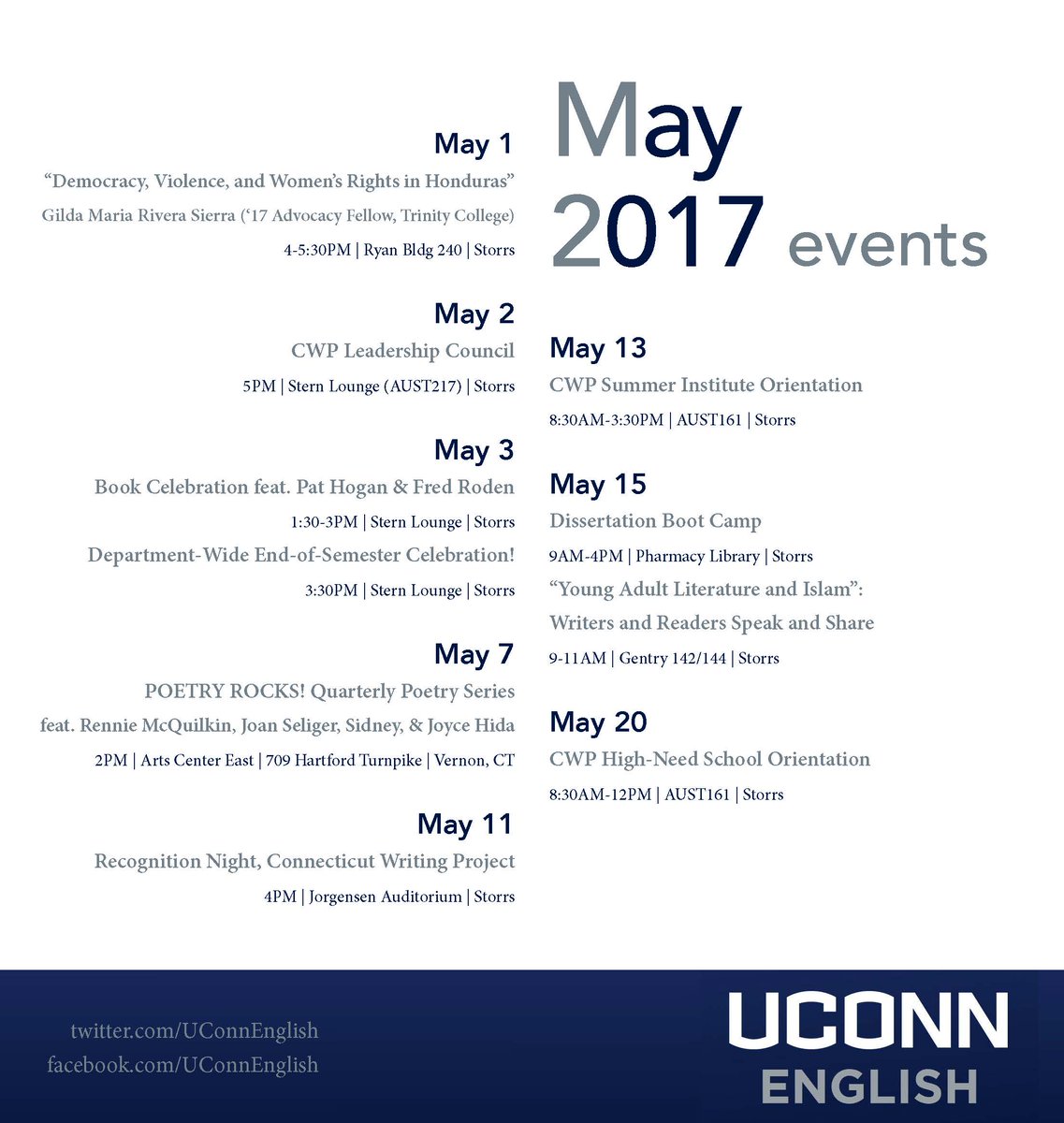 May is underway! Here's what's happening <a href="/UConnEnglish/">UConn English</a> &amp; nearby throughout the month! <a href="/uconnWcenter/">UConn Writing Center</a> @ELIN_UCONN <a href="/pegideitzshea/">Pegi Deitz Shea</a> #mayday