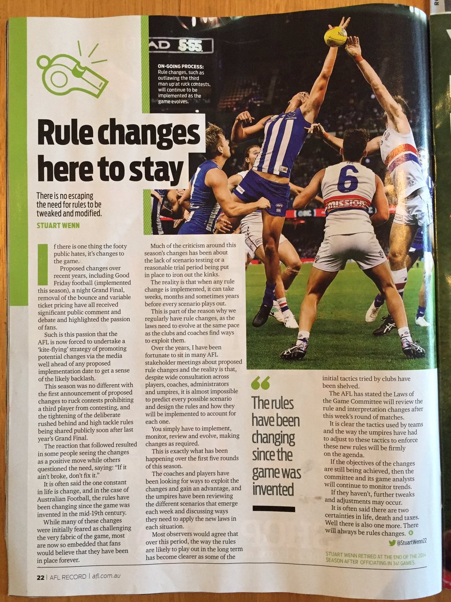 Rule changes are here to stay. Why? Check out my article in <a href="/AFLrecord/">AFL Record</a> ahead of <a href="/AFL/">AFL</a> Laws Committee meeting this week. @AFLCoaching