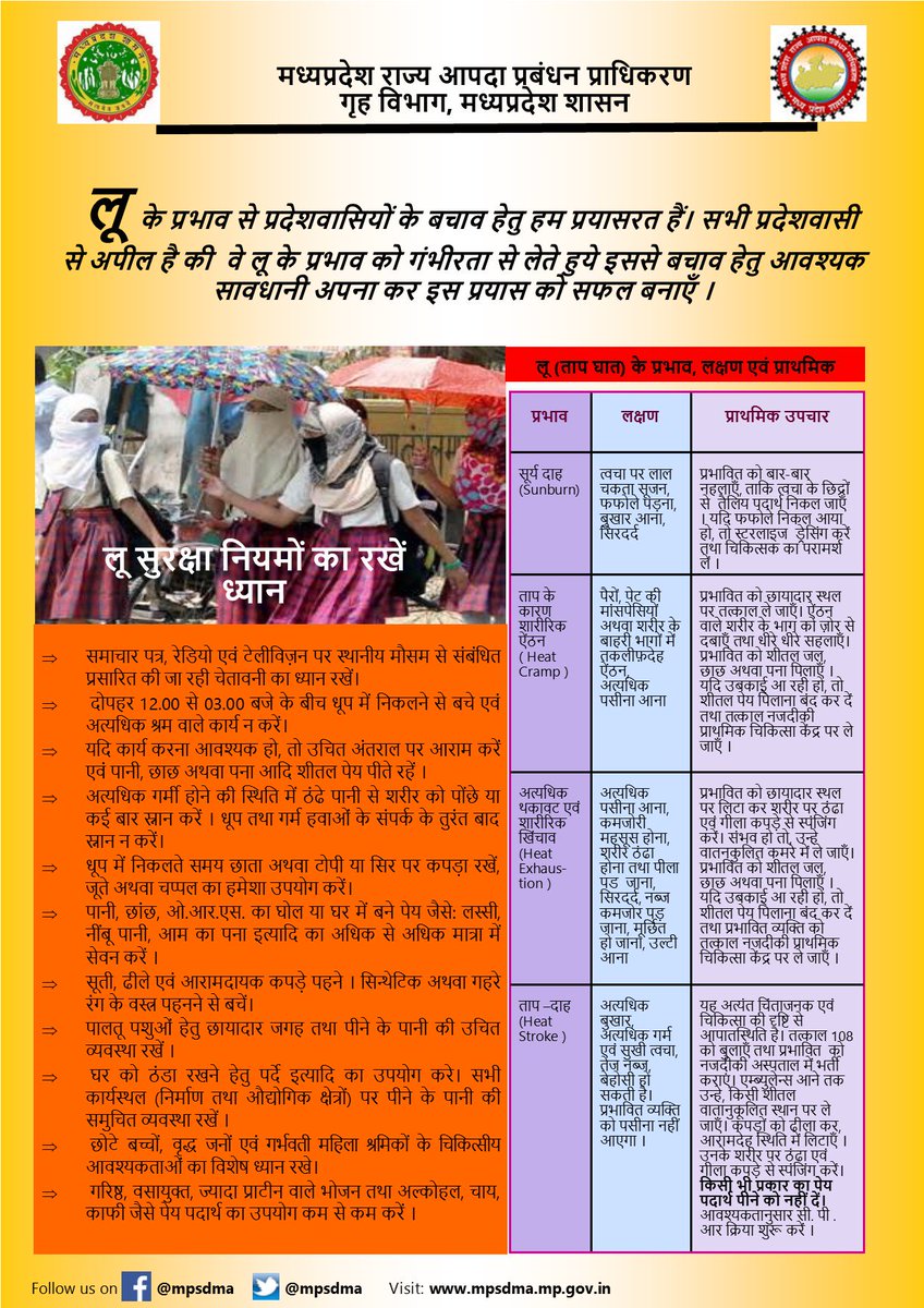 #Mpdisastermanagement लू से बचाव ब्रोशर। अधिक जानकारी के लिए विजिट करें mpsdma.mp.gov.in/protection-fro…