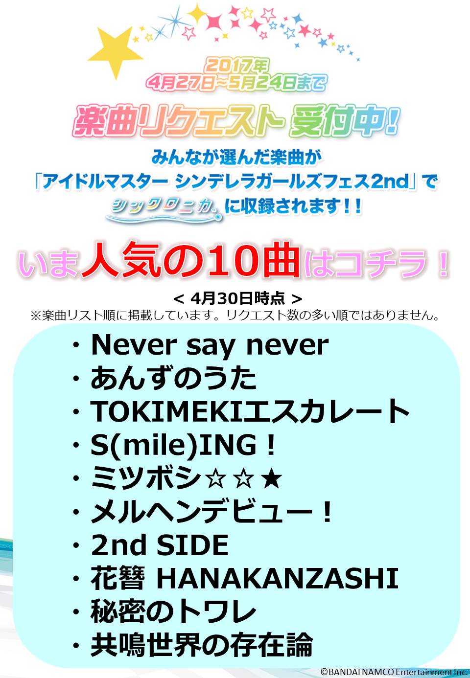 シンクロニカ公式 １４０曲収録 オフラインで稼働中 中間発表 アイドルマスター シンデレラガールズ フェス2nd みんなのリクエストした楽曲が シンクロニカ に収録される 楽曲リクエスト 4月30日時点の人気10曲を中間発表 フェスの詳細は