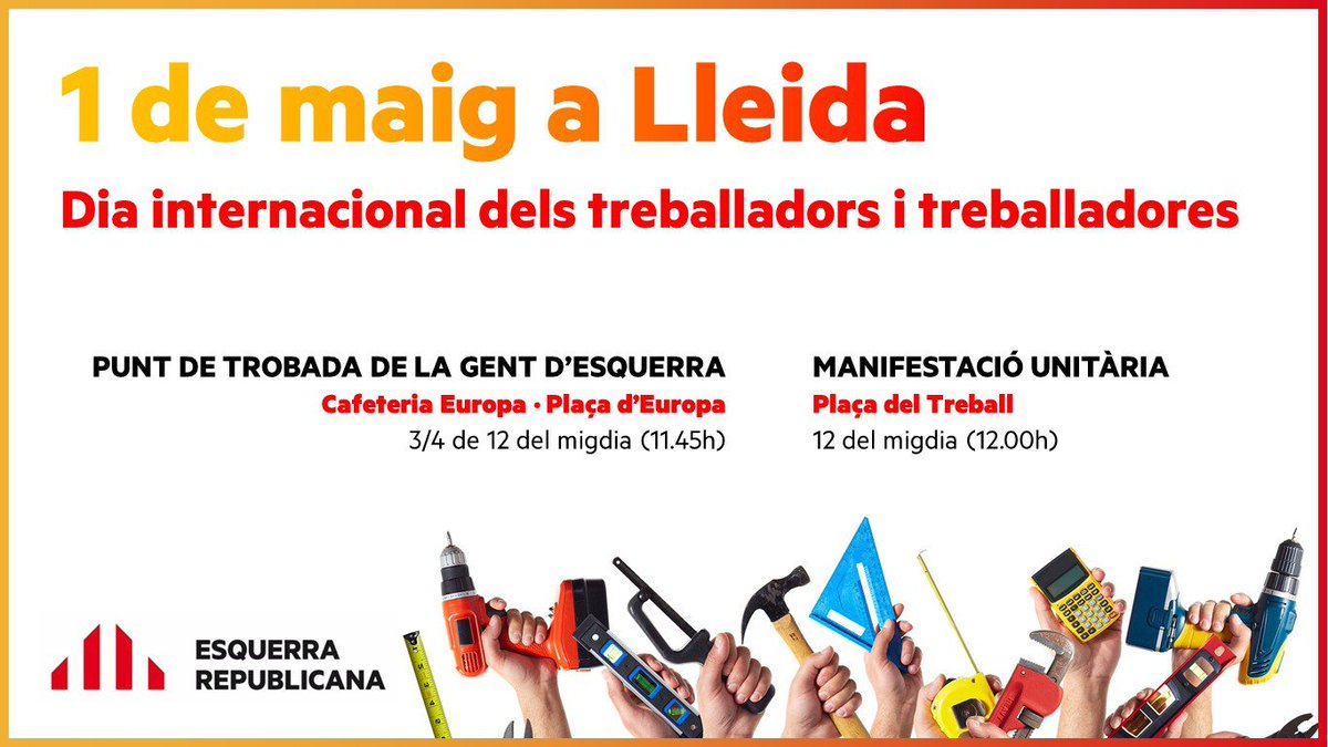 Per una ocupació estable i salaris dignes. A les 12 ens veiem a la manifestació #DiaInternacionalTreball, a la plaça del Treball de #Lleida