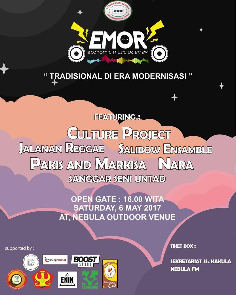 H -5 EMOR 2017 .
Saksikan penampilan dari : Culture Peoject,Jalanan Reggae,Salibow Ensamble,Pakis and Markisa,Nara
&amp; Sanggar Seni Untad