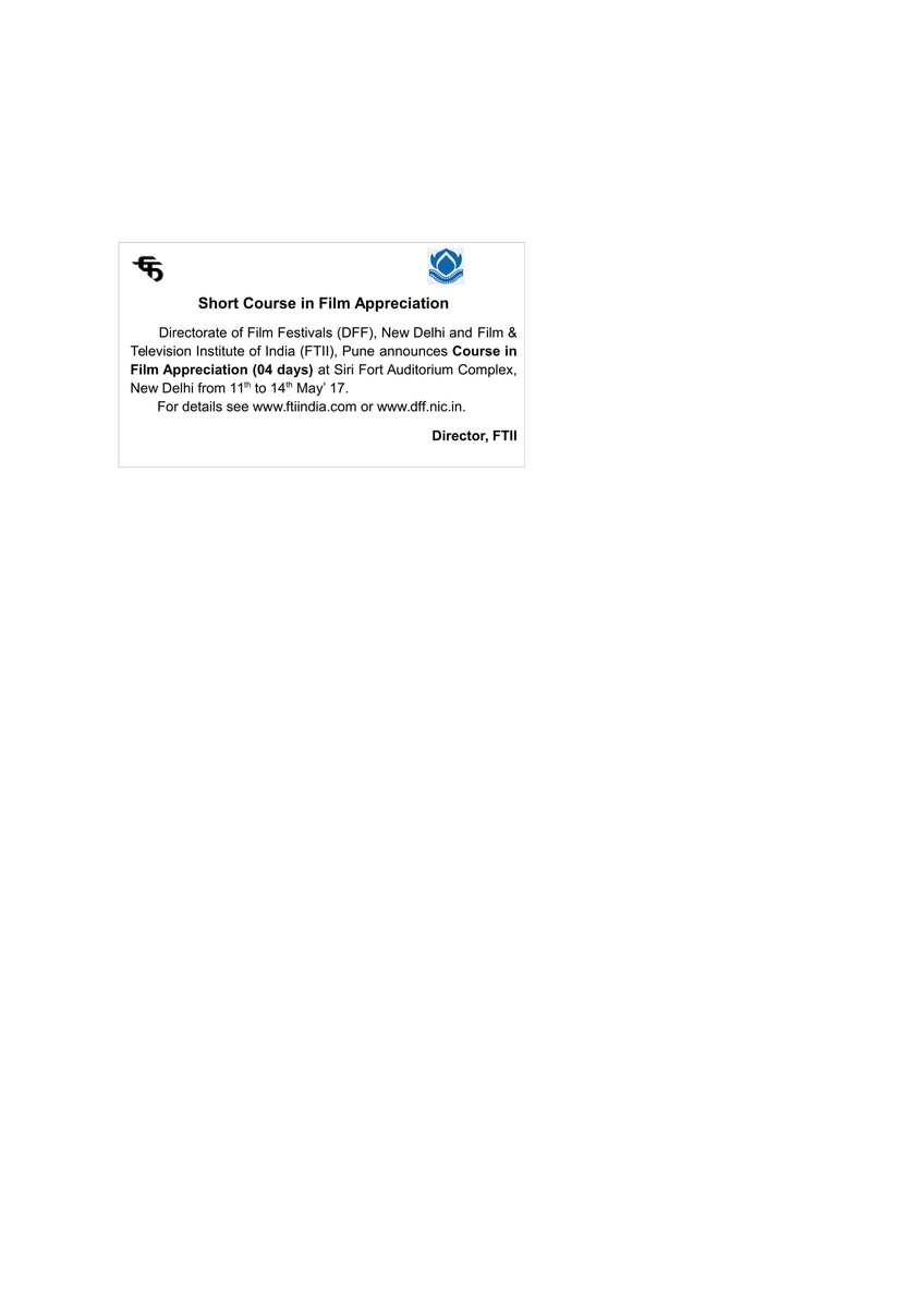 DFF India (@dff_india) on Twitter photo Short Course in Film Appreciation
<a href="/FTIIOfficial/">FTII</a> <a href="/MIB_India/">Ministry of Information and Broadcasting</a> <a href="/Ra_THORe/">Col Rajyavardhan Rathore</a> <a href="/MVenkaiahNaidu/">M Venkaiah Naidu</a> Short Course in Film Appreciation
<a href="/FTIIOfficial/">FTII</a> <a href="/MIB_India/">Ministry of Information and Broadcasting</a> <a href="/Ra_THORe/">Col Rajyavardhan Rathore</a> <a href="/MVenkaiahNaidu/">M Venkaiah Naidu</a>