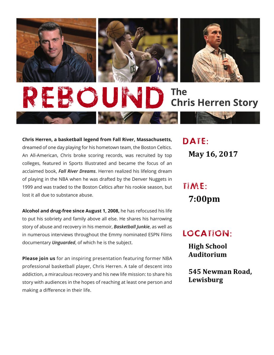 LewisburgHS's tweet photo. Chris Herren will be speaking to our 8-12 graders on 5/16. An evening presentation for community members will also be held. @dailyitem https://t.co/EZuxs2Wx2n
