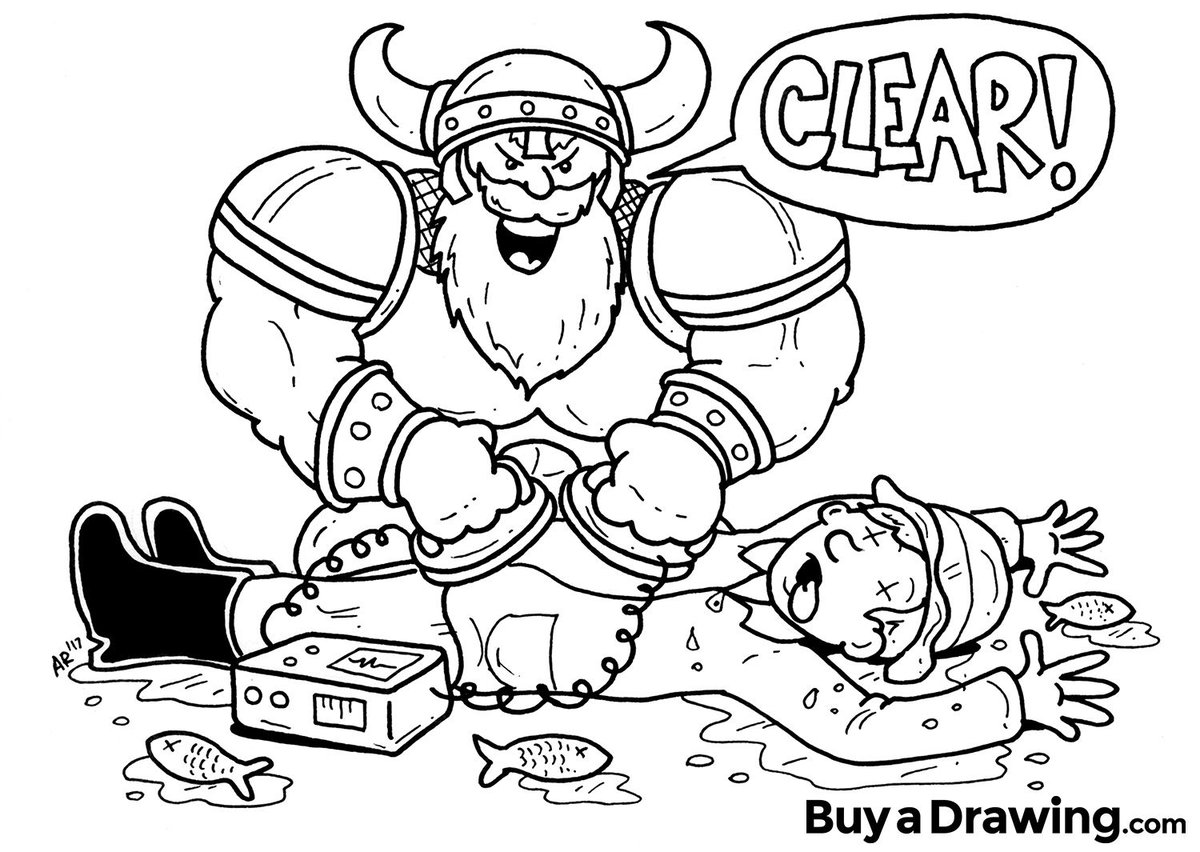 Quick cartoon drawing of a Viking giving CPR to a fisherman done for Manuel G. #cartoonist #cartoon #drawing #pen #ink