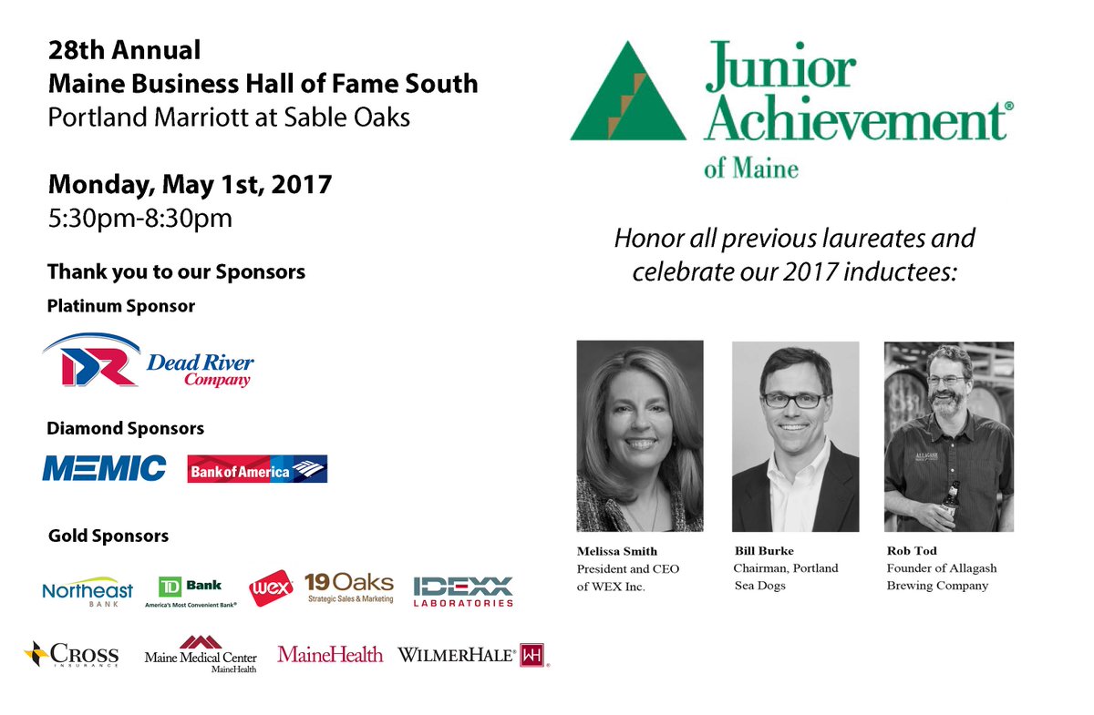 JAofMaine's tweet photo. Today's the day! We are honored to recognize 3 amazing business leaders at our 28th Annual Maine Business Hall of Fame South. #HOFsouth2017 https://t.co/JS6BdRgCLi