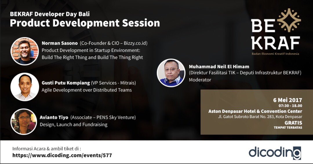 nsasono's tweet image. Buat teman2 pro dev, mahasiswa, dan praktisi startup di Bali, C U Sabtu ini ya di #bekrafdeveloperday