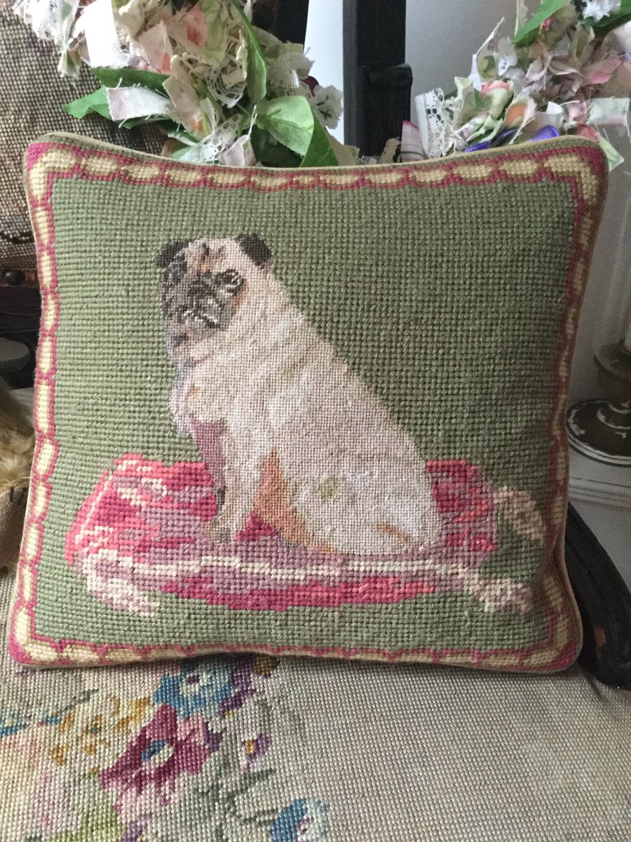 Victorian design vintage Pug cushion in gorgeous greens and pinks with velvet backing. Beautiful needlepoint! etsy.com/uk/shop/hearta…