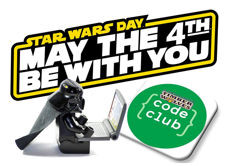 PantherVP's tweet image. CODE CLUB celebrates Star Wars Day (Thurs., May 4th) at 12:40. Gr. 4&amp;amp;5 students: #JoinTheCodeSide, play games, win prizes. @STCTimberwolves