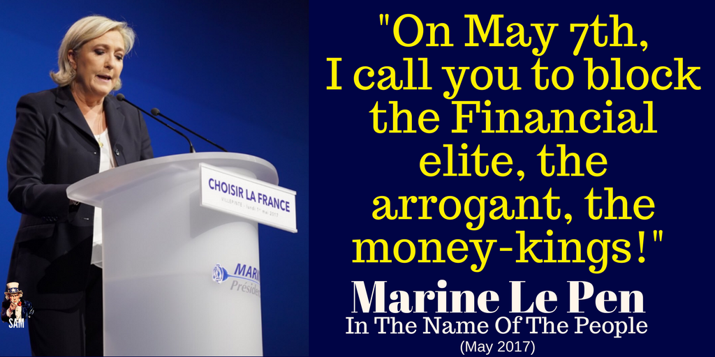 Marine Le Pen: 'On May 7th, I call you to block the Financial elite, the arrogant, the money-kings!' #Marine2017 #MarineÀVillepinte #LePen