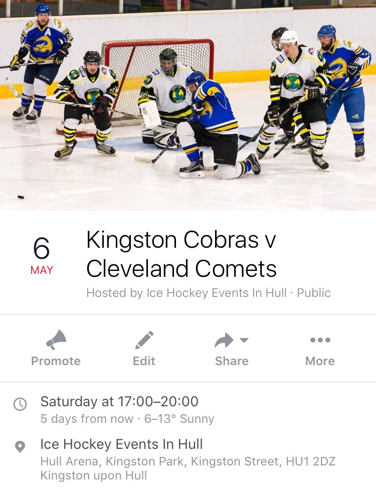 This weekend....

Saturday 6th May 2017

<a href="/KingstonCobras/">Kingston Cobras</a> v <a href="/ClevelandComets/">Cleveland Comets</a> 

FO 17.00 (5.00pm)

Free Entry 😃🏒🥅

#HockeyInHull