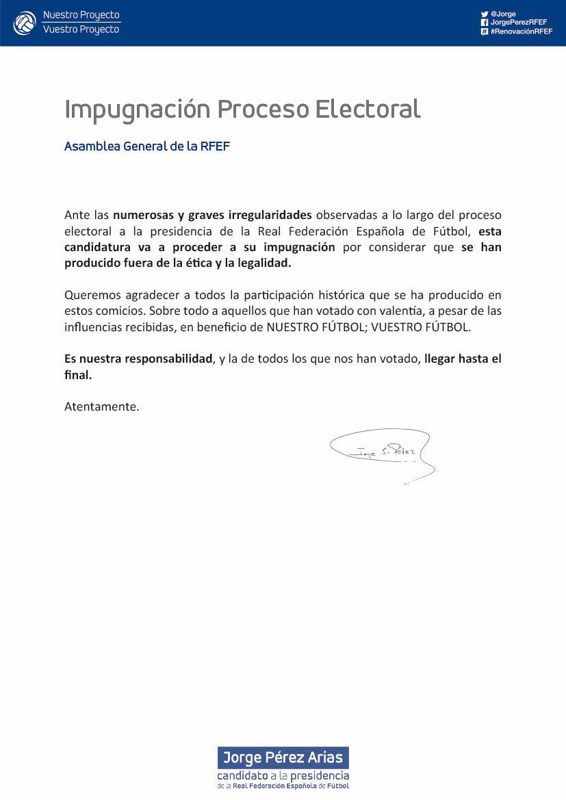 Comunicado Oficial sobre la impuganción del proceso electoral de la RFEF