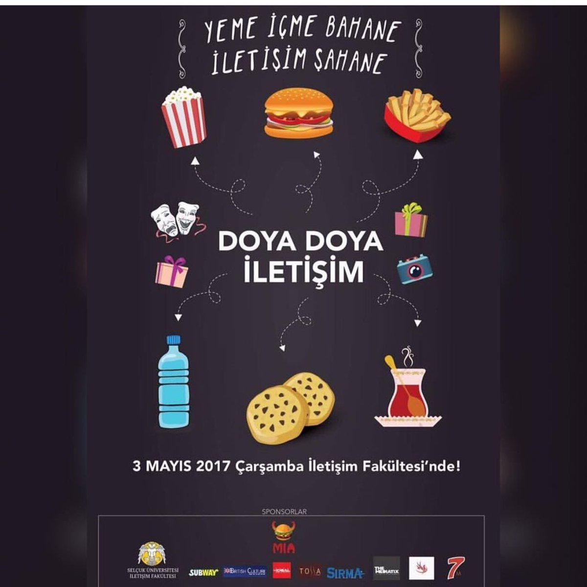 Fakültede yemeli içmeli etkinlik varmış. 3 Mayıs Çarşamba , gelin doya doya iletişelim. 🍔🍟🍪 #doyadoyailetisim