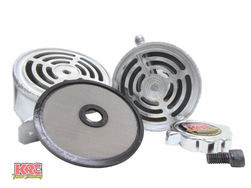 KRCPower's tweet image. The KRC Power Steering Reservoir Tank w/ 135 micron filter keeps your system clean. Added capacity cools fluid. #KRCPower #KRC #crateengine