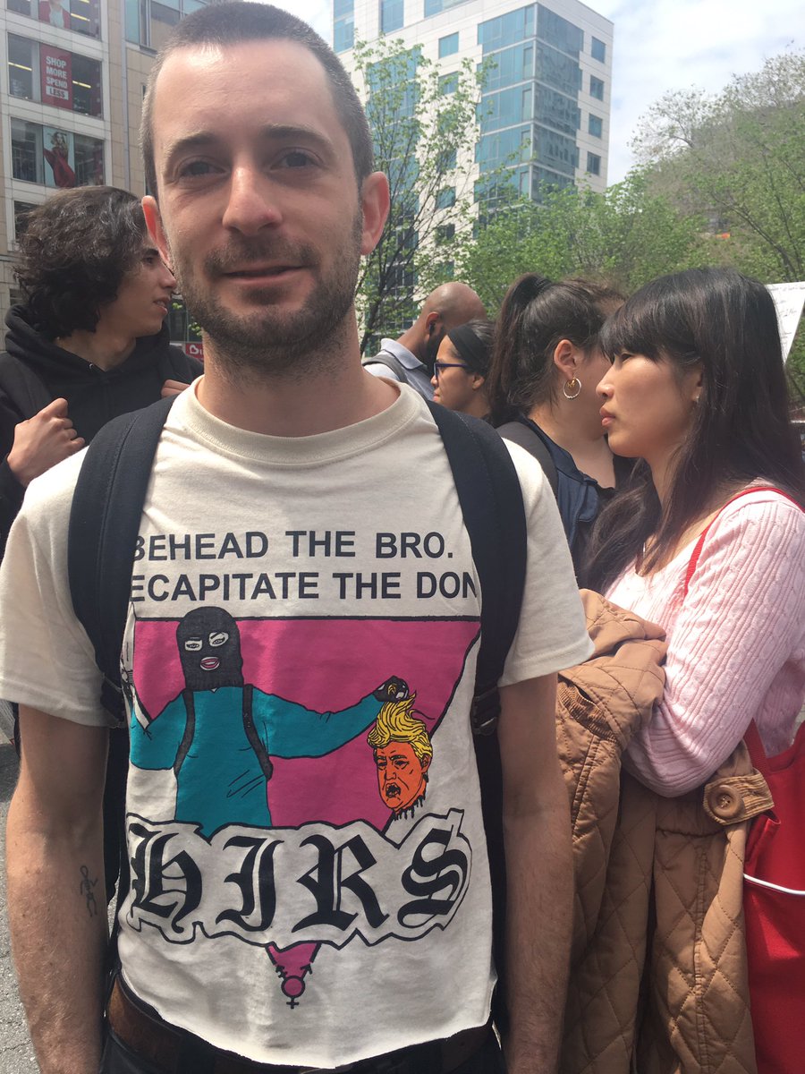 Leftists wear DECAPITATE THE DON at #mayday2017 in New York