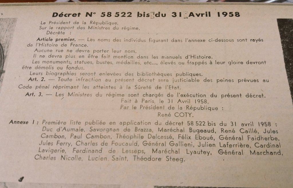 Faux décret dans un vrai journal 
1er mai 1958
#courrierdelacolere
#MichelDebre
#ReneCoty 
#presse