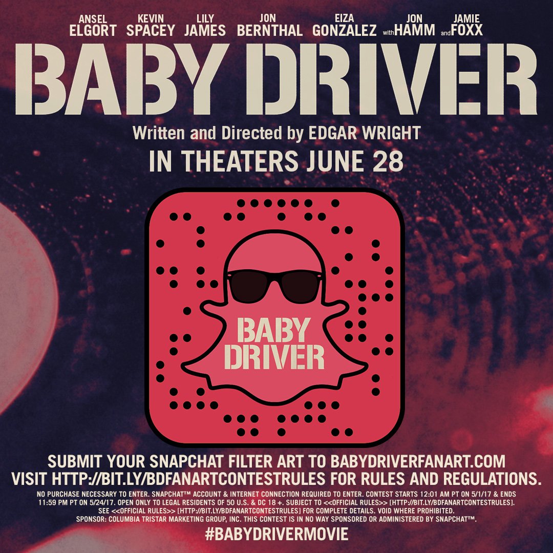 SonyPictures's tweet photo. Submit your @BabyDriverMovie Fan Art Snapchat filter for a chance to be featured at a national theater chain! Go to: https://t.co/49K13rSacE https://t.co/TGTCJMeJcr