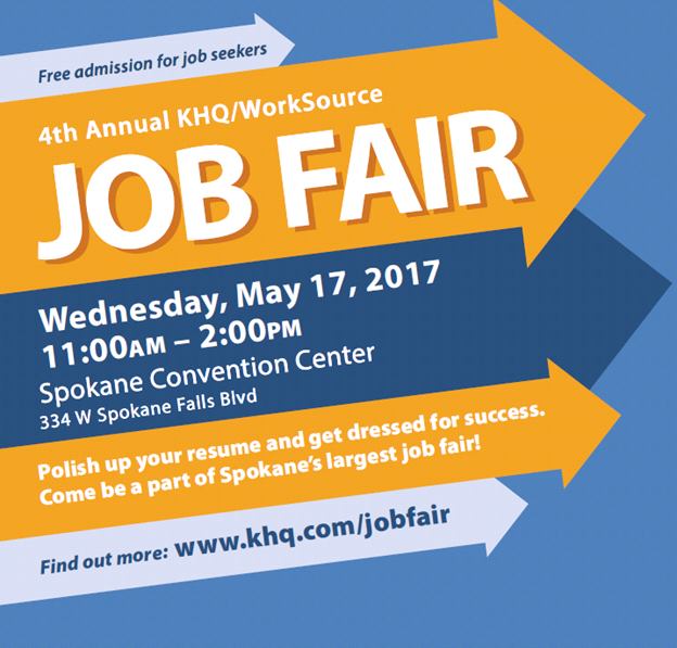 SpokaneCity's tweet image. Searching for a #SpokaneJob? Join us at the fourth annual @KHQLocalNews/WorkSource Job Fair on May 17th! bit.ly/2ppC2Cb