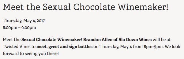 SLODownWines's tweet photo. If meeting SLO's @allenbrando is on your bucket list, join us for a meet and greet at @TwistedVines this Thursday: https://t.co/qe0Ypc2sIV https://t.co/GZvSaWmTAD