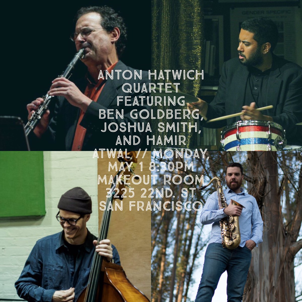 Playing at <a href="/MakeOutRoomSF/">MakeOutRoom</a> tonight with <a href="/goldberg_ben/">Ben Goldberg</a>, Joshua Smith, and Hamir Atwal. Music starts at 8:30, hope to see you there!