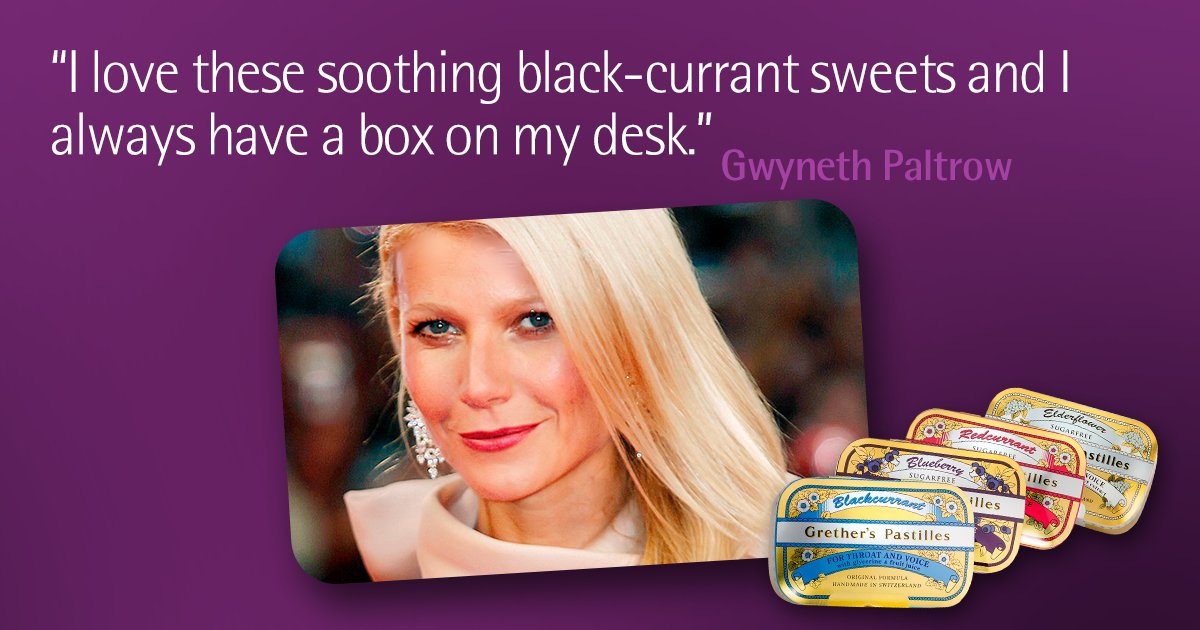 Grether’s Pastilles (@gretherspastill) on Twitter photo Celebrities love the golden tin of goodness! As you can see even <a href="/GwynethPaltrow/">Gwyneth Paltrow</a> is a fan! Try some for yourself: throatandvoice.com Celebrities love the golden tin of goodness! As you can see even <a href="/GwynethPaltrow/">Gwyneth Paltrow</a> is a fan! Try some for yourself: throatandvoice.com