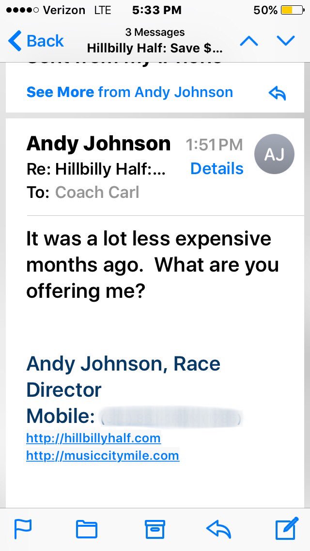 I asked for a coupon code for $75 <a href="/hillbillyhalf/">Hillbilly Half</a> which I've run 3 times and the dude was a jerk. Screw your over priced race! #run
