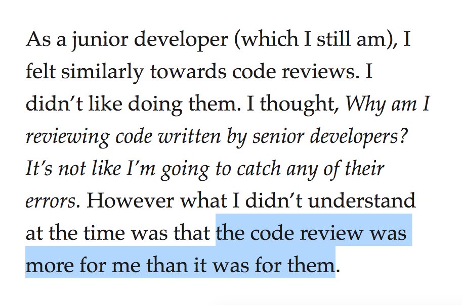 As a junior developer (which I still am), I felt similarly towards code reviews. I didn’t like doing them. I thought, Why am I reviewing code written by senior developers? It’s not like I’m going to catch any of their errors. However what I didn’t understand at the time was that the code review was more for me than it was for them.