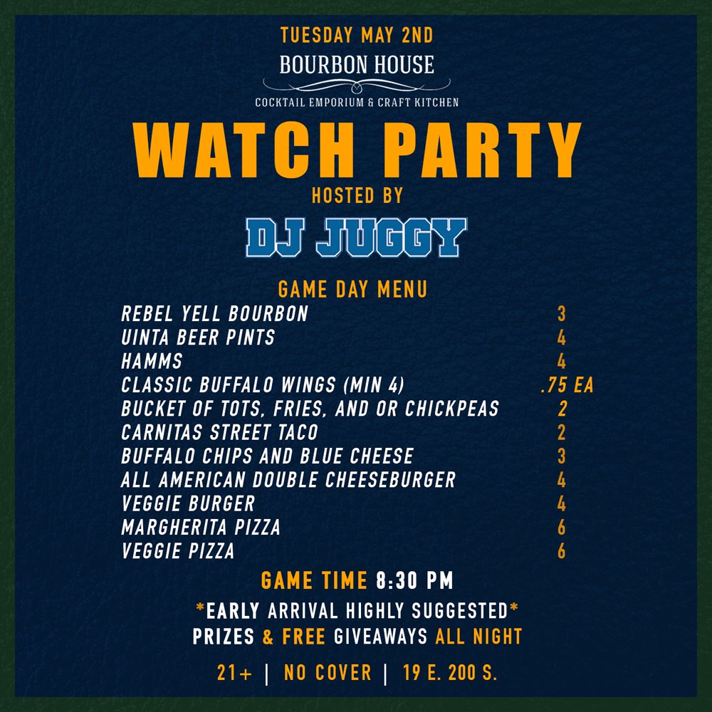 Jazz Fans. Join me again tomorrow &amp; Thursday at <a href="/BourbonHouseSLC/">BourbonHouseSLC</a> to cheer on the squad! #takenote