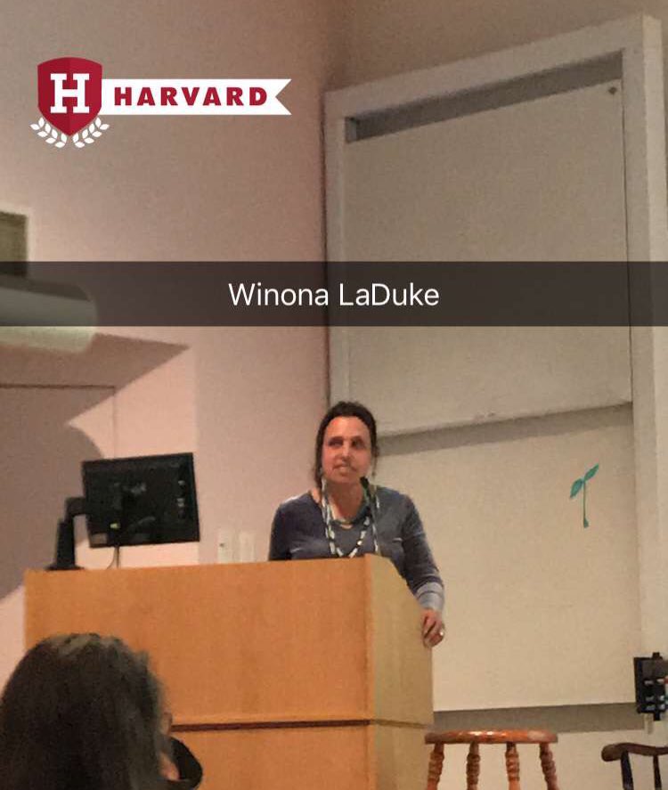 Winona LaDuke delivering her first lecture as part of the Massey series. #HarvardNatives