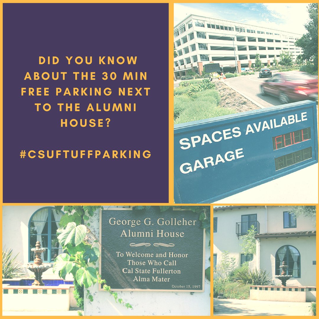 CSUFTuffParking's tweet image. Only coming to campus for a bit? Did you know about the 30 min free parking next to the Alumni House? #CSUFTuffParking Tips!