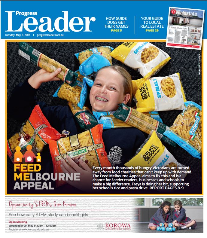 progressleader's tweet image. Here's this week's Progress Leader front page, featuring the launch of the @feedmelbourne  appeal. Find out more: bit.ly/2p2H1Gx