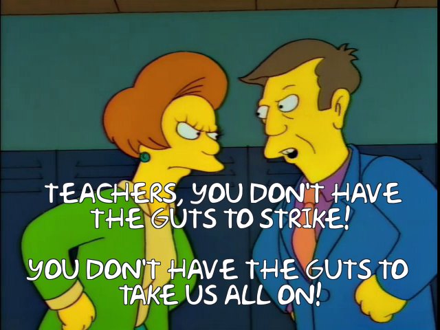 jess_604's tweet image. So many great Simpson's episodes about  negotiating union agreements... Might not see many of these for long... #WGA #wgaunity #writerstrike