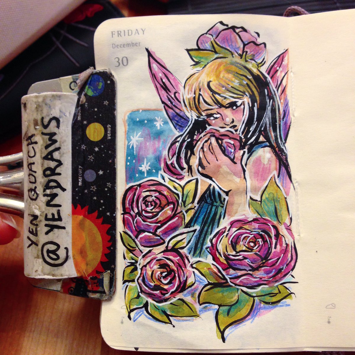 YenDraws's tweet photo. Flower fairy #illustration #draweveryday #ded2016 #art #kuretake #moleskine #brushpen #fairy #flowers #gansaitambi https://t.co/549oVfHBhh