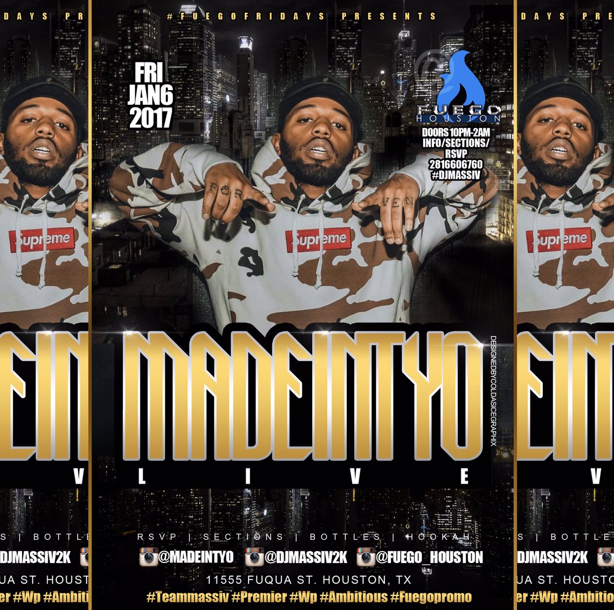 Djmassiv2k's tweet photo. @FuegoHouston 🎥🎥🎥
Dec 29th #Thirstythursday🔥🥃🍾
Dec 30th @IMWHYJAE #Live🎤
Dec 31st #Newyearseve🎉
Jan 6th @madeintyo #Skrttt #Uberr https://t.co/JUnjbuWmaA