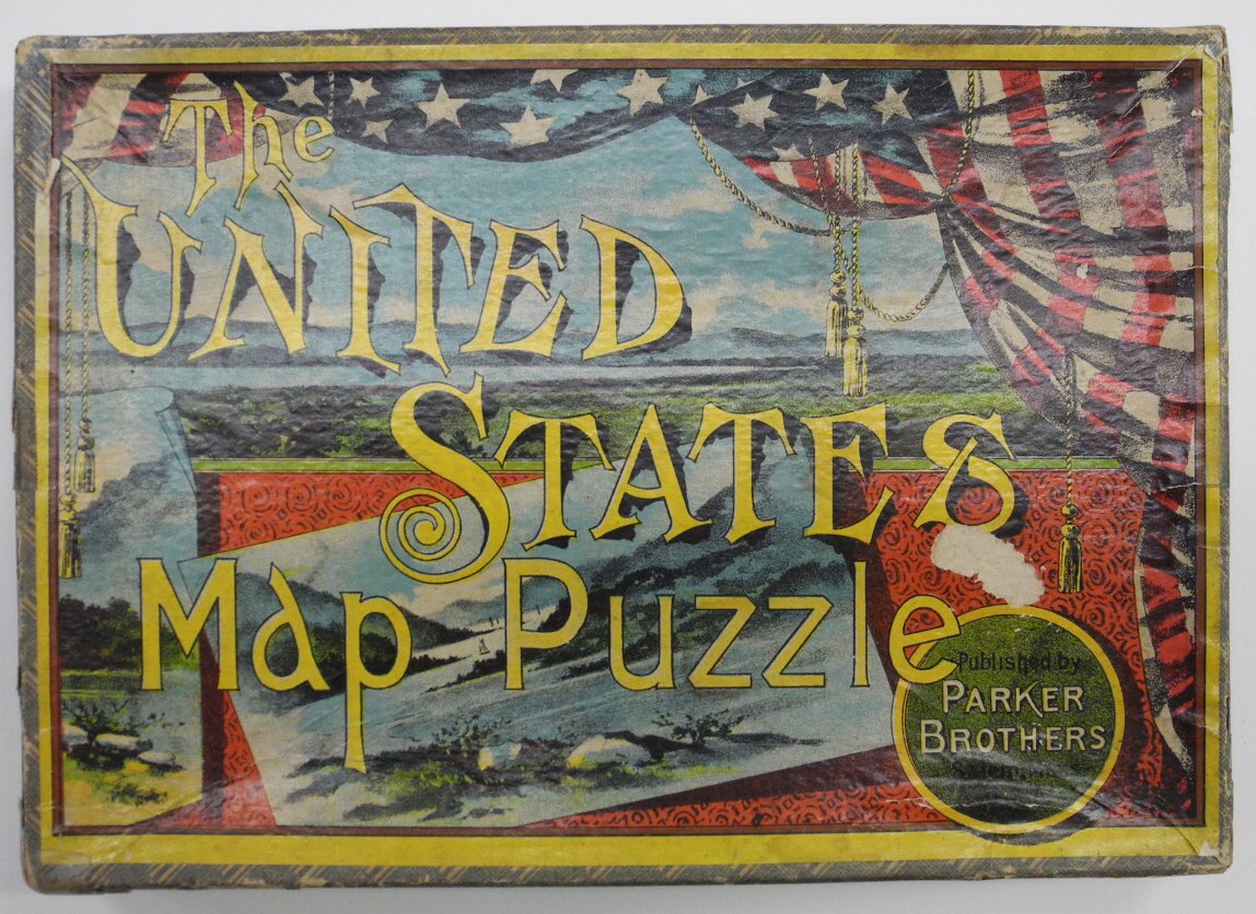 mapmanTENN's tweet image. The United States Map Puzzle Parker Brothers c1919. 24-piece elementary level color lithographed puzzle. #mappuzzle antiquemapsandglobes.com/books_one_book…