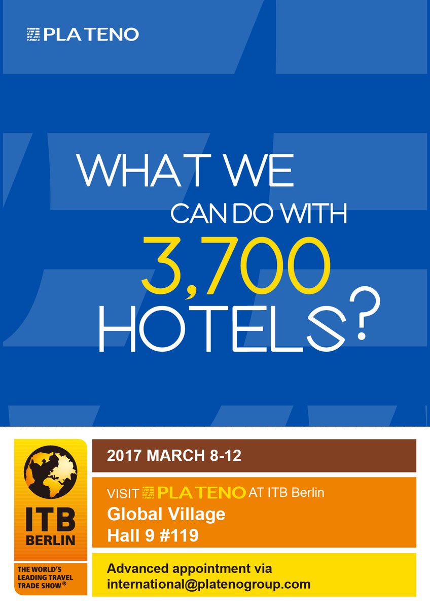PlatenoGroup's tweet photo. Plateno is taking part in the ITB Berlin 2017. Visit us at Virtual Market for early contacts:https://t.co/TzT0gcROko https://t.co/DhiZnz7Siv